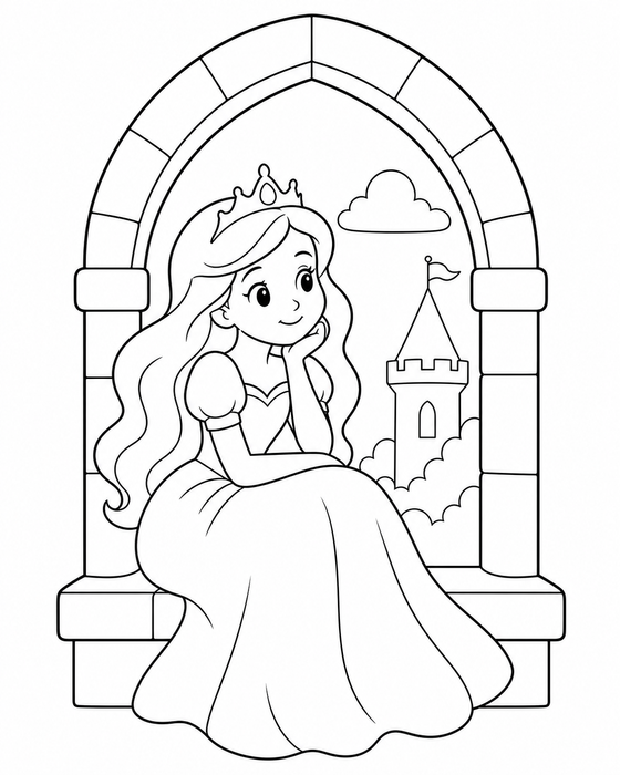 Princess by Window Coloring Page - Princess coloring page for kids