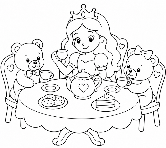 곰돌이와 차 마시는 공주 색칠도안 - 공주 어린이 색칠공부 도안