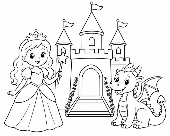 Princess and Dragon - Princess coloring page for kids