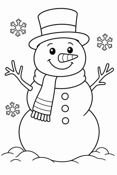 a cheerful snowman in a scarf and black top hat - Christmas coloring page for kids