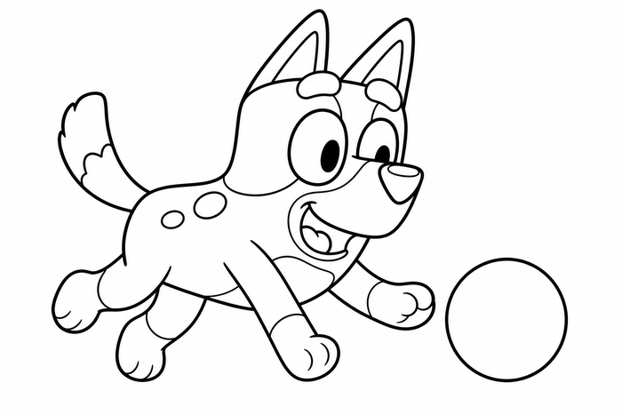 Bluey the blue heeler puppy playing fetch with a red ball - Bluey coloring page for kids