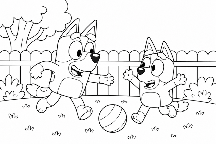 Bluey and Bingo playing together in their backyard - Bluey coloring page for kids