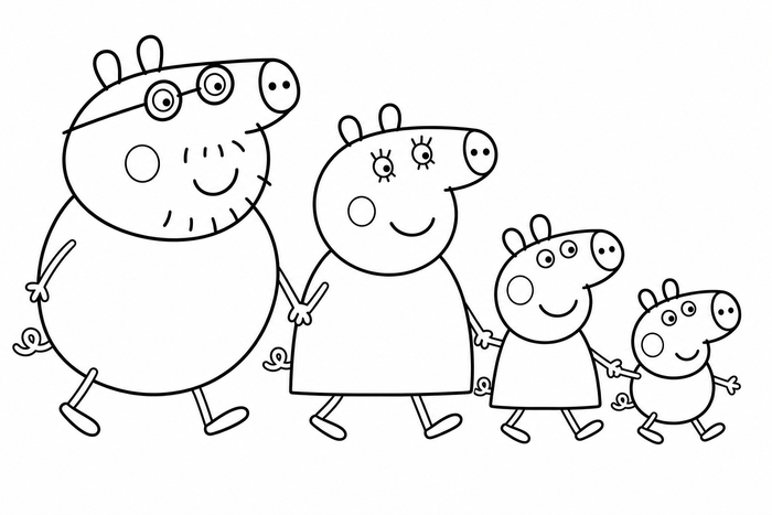 Peppa Pig family walking together holding hands - Peppa Pig coloring page for kids