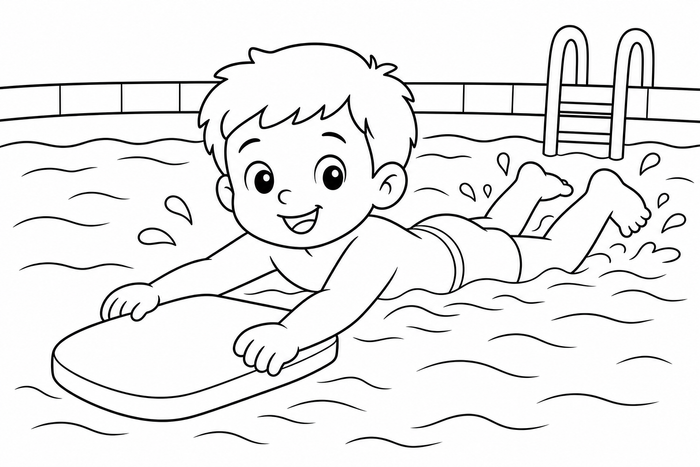 Child Swimming with Kickboard - Sports coloring page for kids