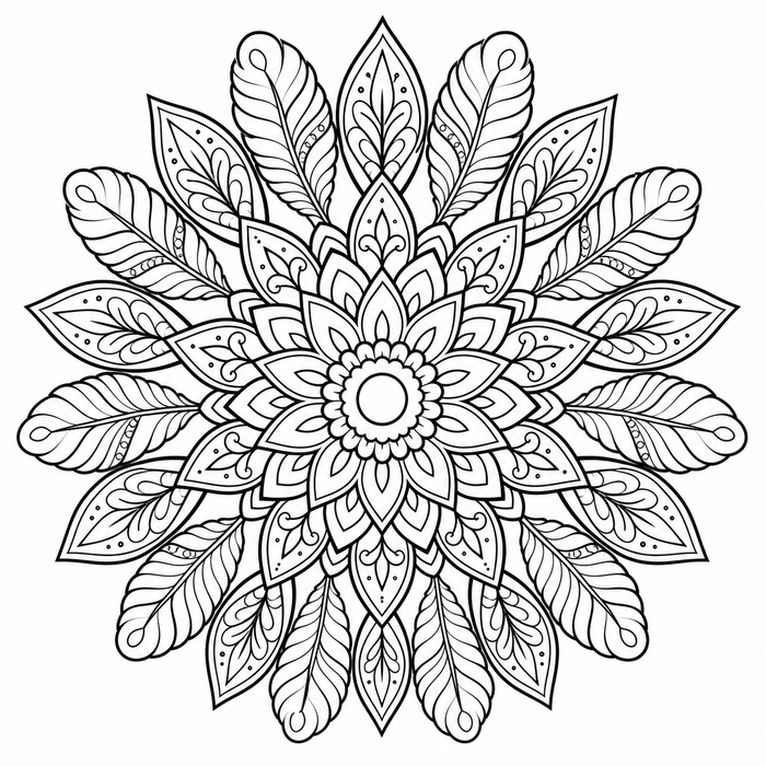 Feather and Leaf Mandala - Mandala coloring page for kids