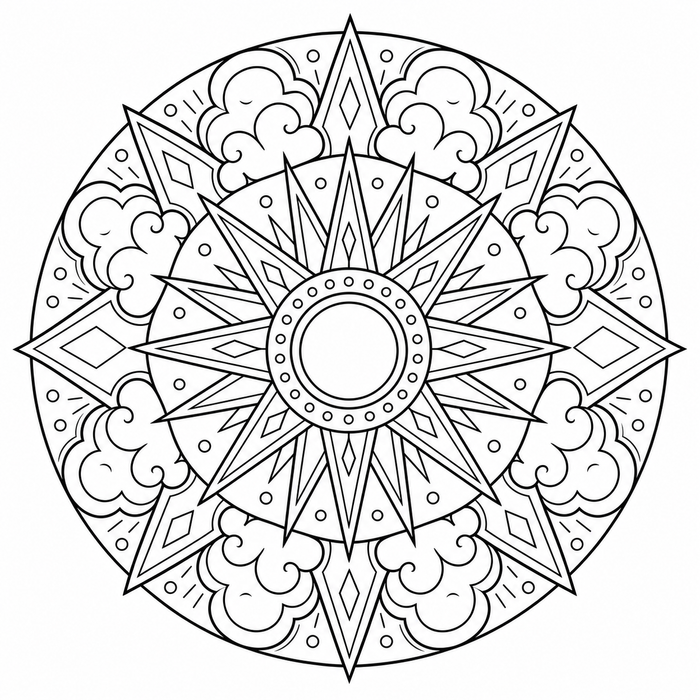 Sun and Cloud Mandala - Mandala coloring page for kids
