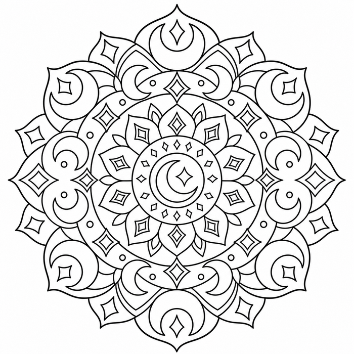 Crescent and Diamond Mandala - Mandala coloring page for kids
