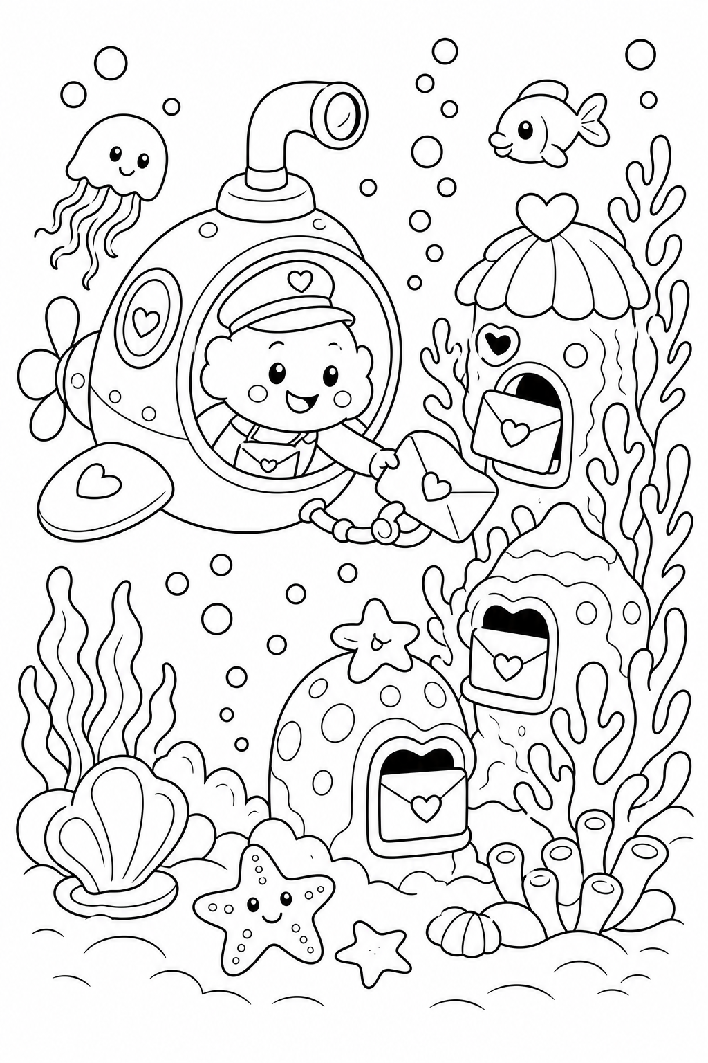 바닷속 우편 잠수함 색칠도안 - 바다 어린이 색칠공부 도안