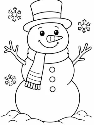 a cheerful snowman in a scarf and black top hat coloring page