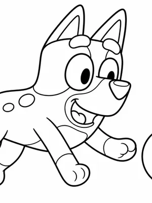 Bluey the blue heeler puppy playing fetch with a red ball coloring page