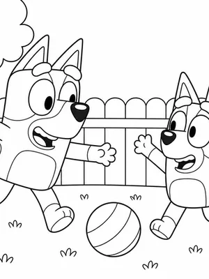 Bluey and Bingo playing together in their backyard coloring page
